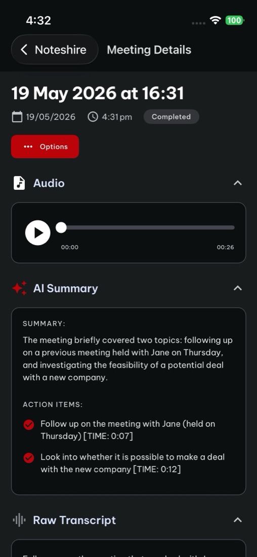 Noteshire meeting details screen with an AI summary and action items