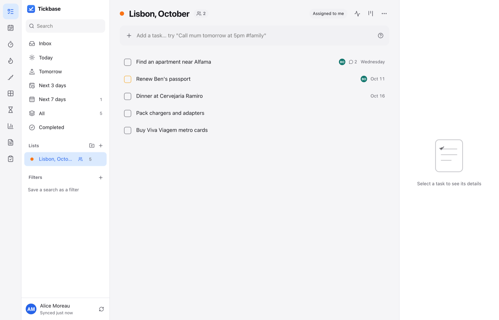 Tickbase desktop app showing a shared list with natural-language quick add